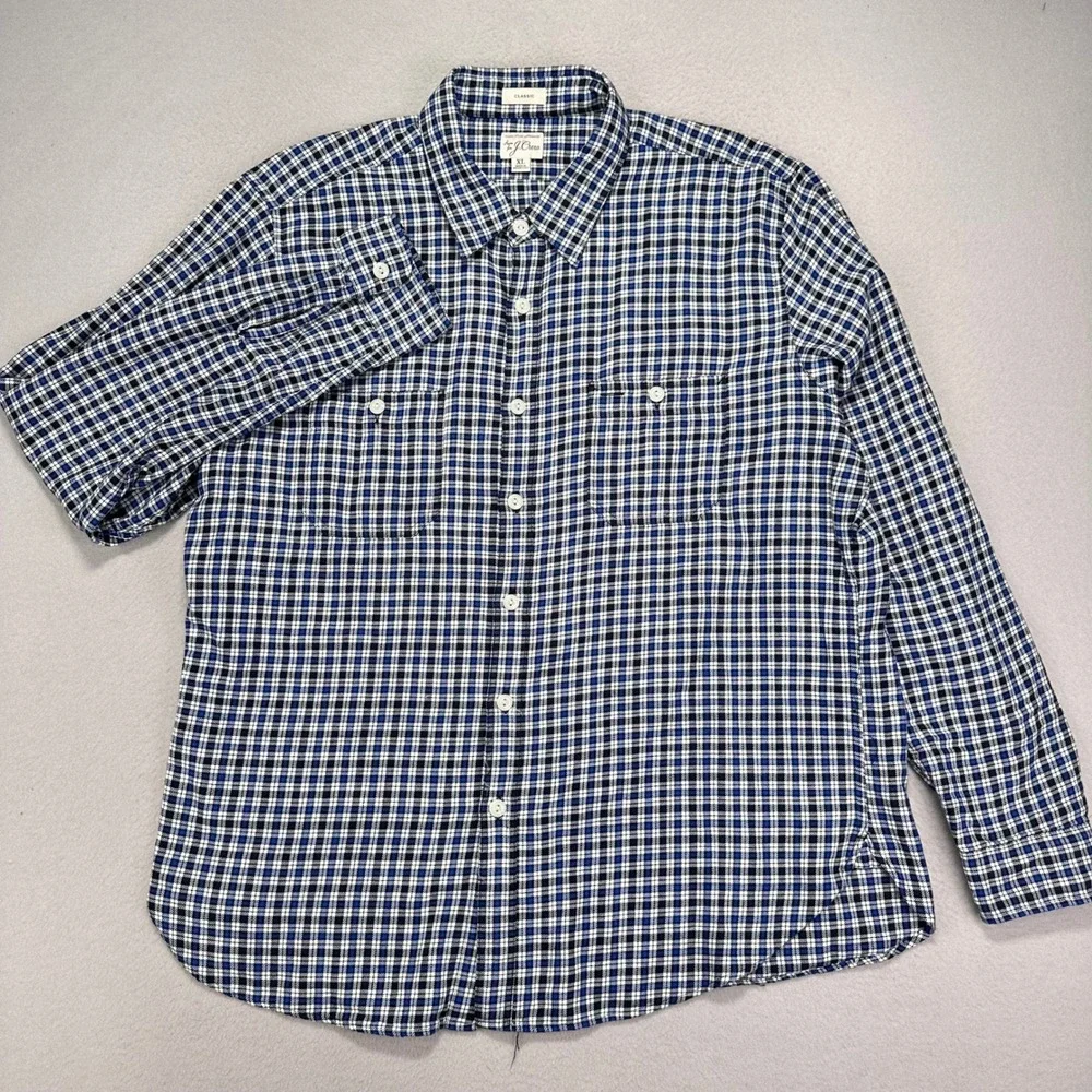 J.Crew Workshirt Mens XL Blue Windowpane Plaid Long Sleeve Flannel Button‎ Up